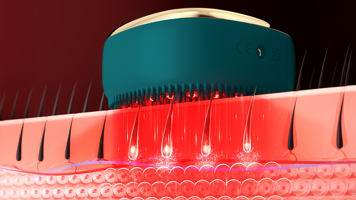 A depiction of FAQ 301 LED Hair Strengthening Scalp Massager treating the follicles of the scalp